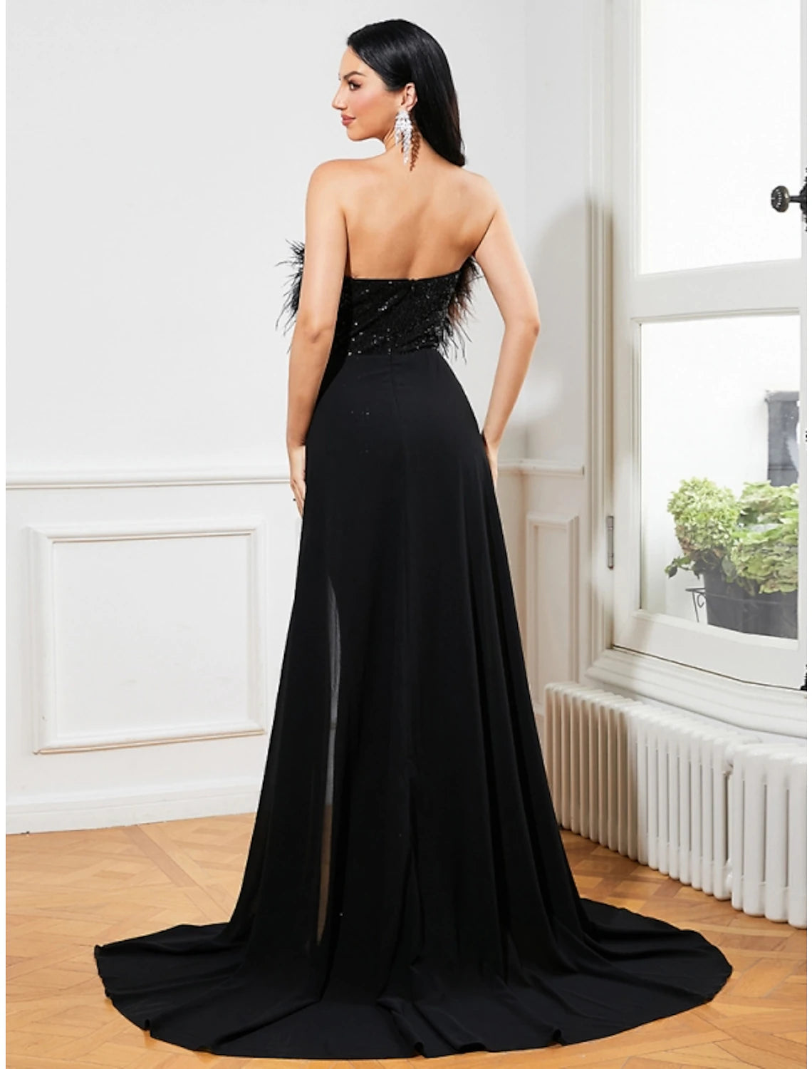 A-Linien-Abendkleid, schwarzes Kleid, Sparkle & Shine-Kleid, formeller Herbst-Schleppe, ärmellos, trägerlos, mit Pailletten und Federglitzer